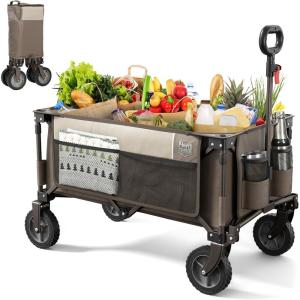 image:imageTimber Ridge Collapsible Outdoor Folding Wagon Cart Heavy Duty Camping Patio Shopping Garden Cart with Side Bag Cup Holder GreyTan