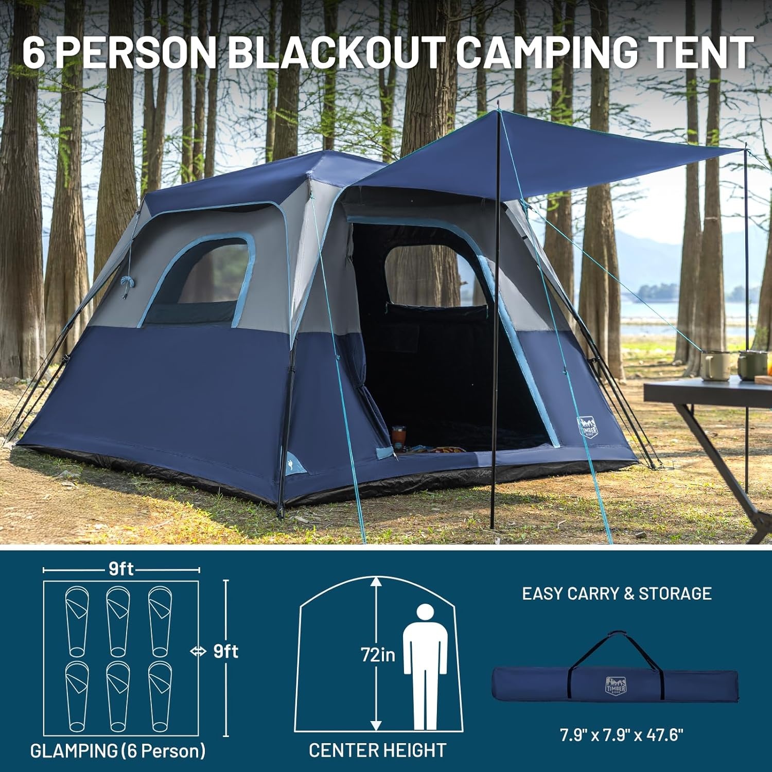 image:imageTIMBER RIDGE 6 Person Blackout Design Camping Tent 60s Easy Setup Instant Cabin Tent for Family with Rainfly WaterResistant 9 x 9 x 72 for Outdoor Adventures Gatherings