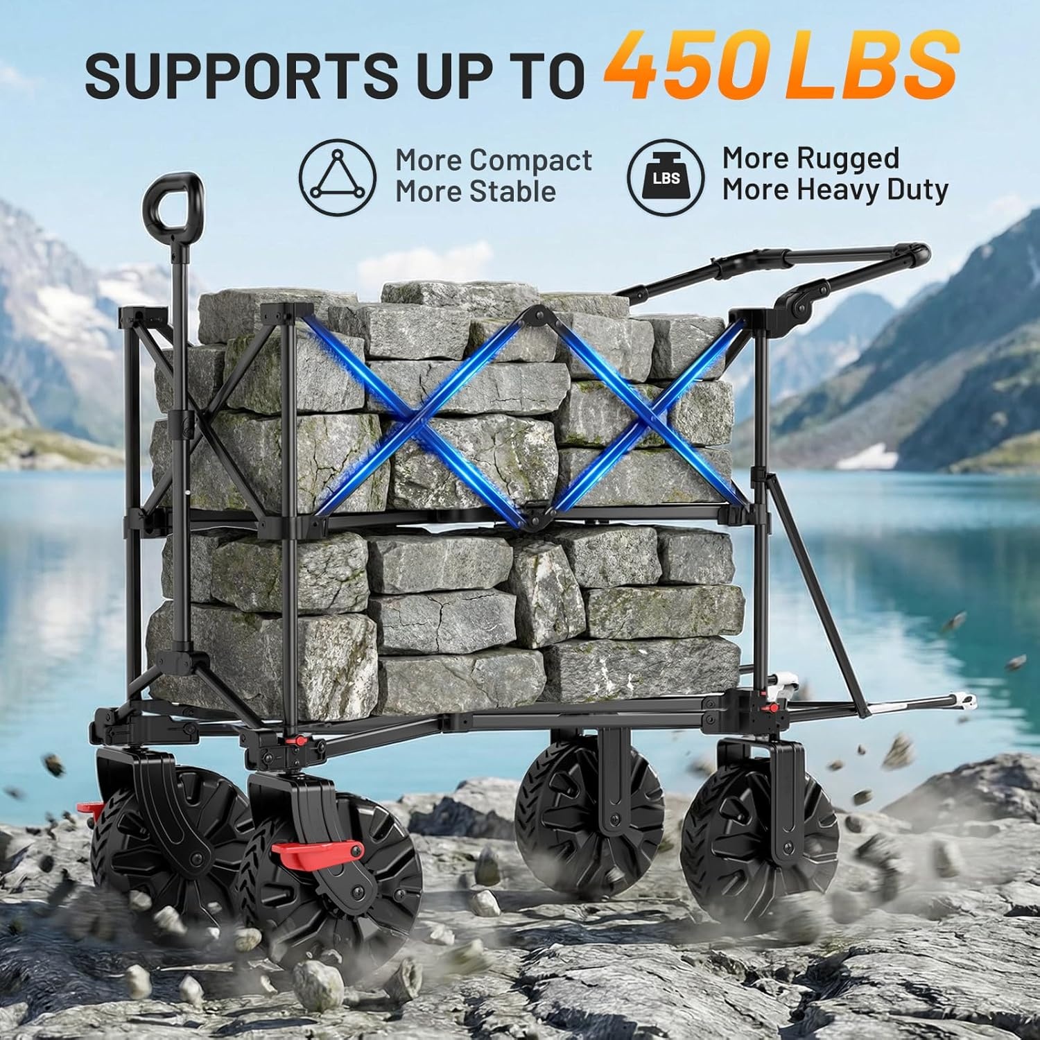 image:imageTIMBER RIDGE Push amp Pull Double Decker Wagon 400L Large Capacity Heavy Duty amp 450lb Load Collapsible Cart with AllTerrain Wheels amp Brakes 54 Extended Foldable for Sports Beach Camping BlackBlack