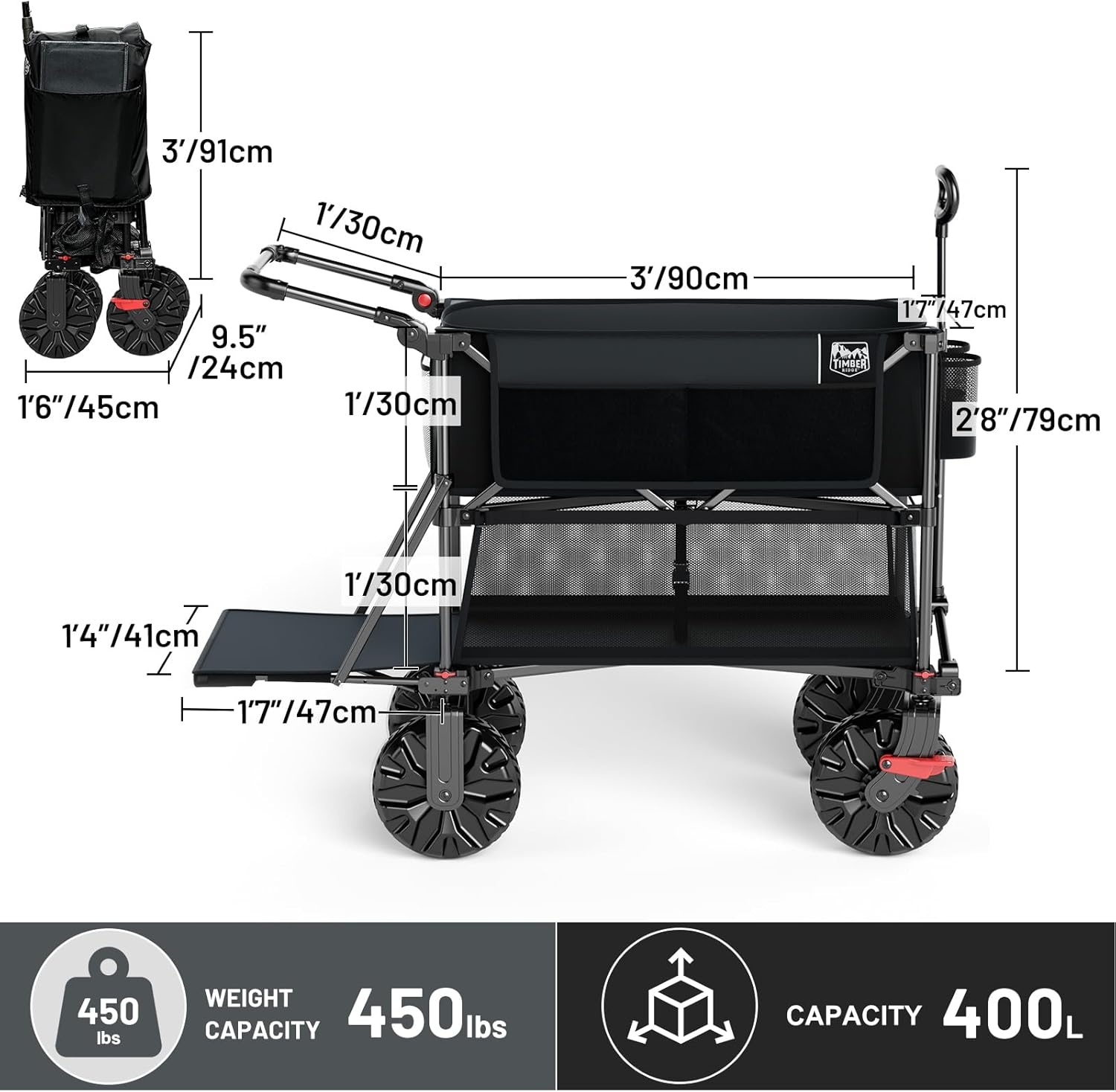 image:imageTIMBER RIDGE Push amp Pull Double Decker Wagon 400L Large Capacity Heavy Duty amp 450lb Load Collapsible Cart with AllTerrain Wheels amp Brakes 54 Extended Foldable for Sports Beach Camping BlackBlack