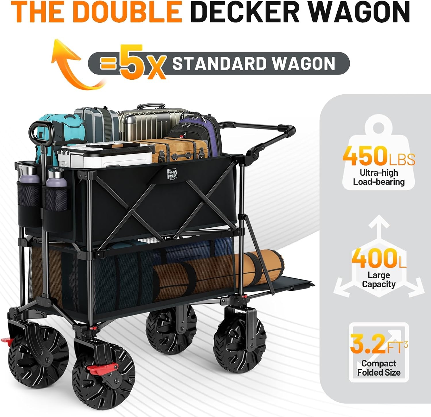 image:imageTIMBER RIDGE Push amp Pull Double Decker Wagon 400L Large Capacity Heavy Duty amp 450lb Load Collapsible Cart with AllTerrain Wheels amp Brakes 54 Extended Foldable for Sports Beach Camping BlackBlack