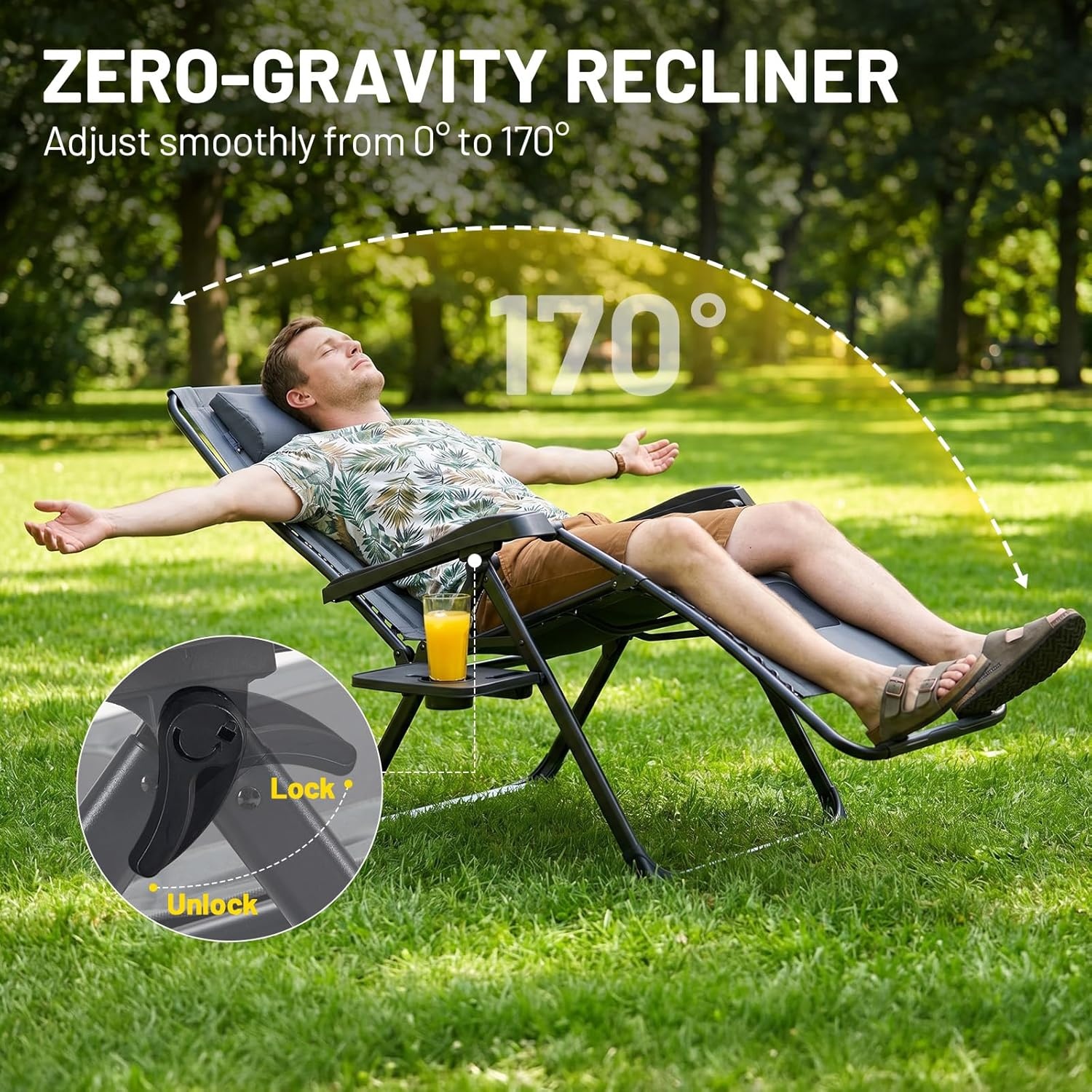 image:imageTimber Ridge Zero Gravity Chair Oversized Lawn Chairs Outdoor Recliner Reclining Patio Lounge Chair with Adjustable Headrest and Side Table for Camping Outdoor Patio Support 350lbs GreyGrey