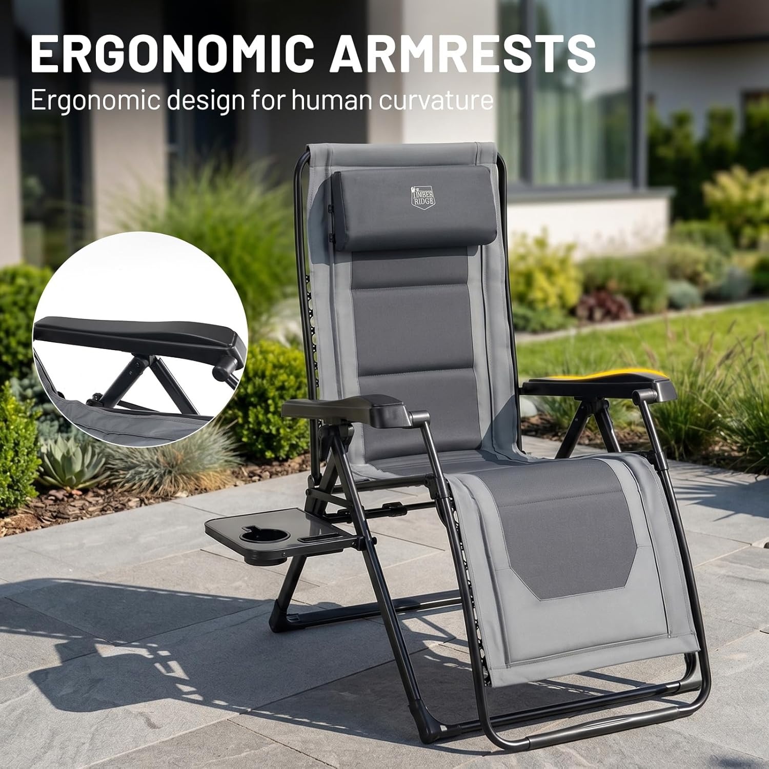 image:imageTimber Ridge Zero Gravity Chair Oversized Lawn Chairs Outdoor Recliner Reclining Patio Lounge Chair with Adjustable Headrest and Side Table for Camping Outdoor Patio Support 350lbs GreyGrey