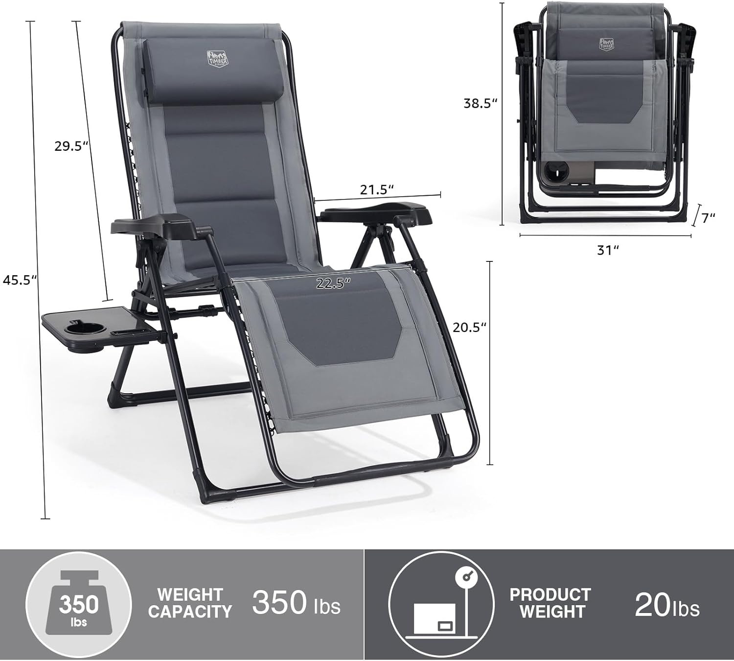 image:imageTimber Ridge Zero Gravity Chair Oversized Lawn Chairs Outdoor Recliner Reclining Patio Lounge Chair with Adjustable Headrest and Side Table for Camping Outdoor Patio Support 350lbs GreyGrey