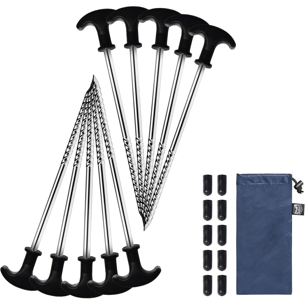 image:imageTIMBER RIDGE 10 Pack Tent Stakes Heavy Duty 8 Inch Ground Stakes NonRust Stainless Steel with Threaded amp Ergonomic Handles Camping Pegs for Camping Canopies Grassland Garden Patio HikingSilver