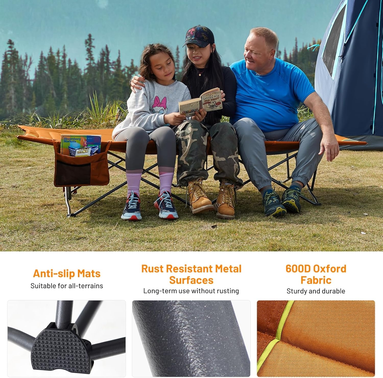 image:imageTIMBER RIDGE 325in Extra Wide Heavy Duty Camping Cot for Adult Easy Set Up Oversized Sleeping Cot with Carry Bag for Camping Travel and Outdoors Support up to 450lbs BlackOrange