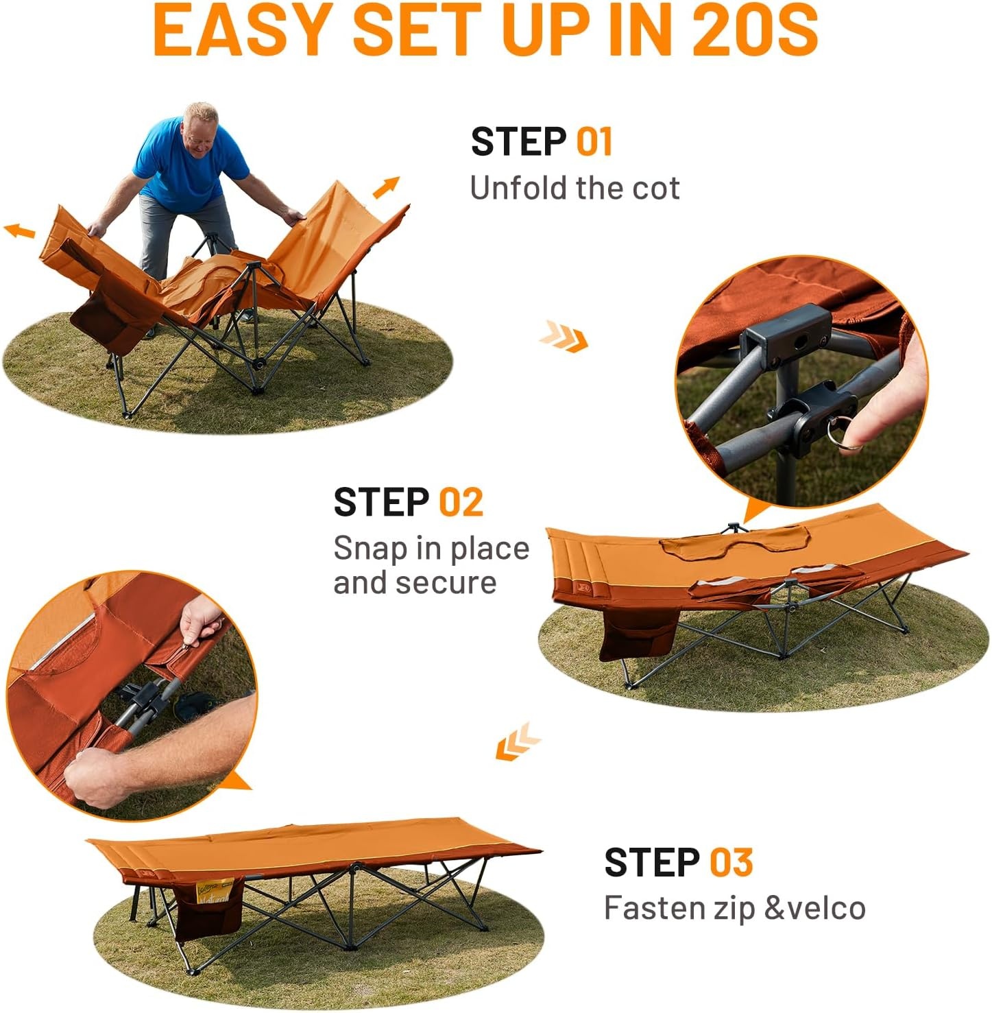 image:imageTIMBER RIDGE 325in Extra Wide Heavy Duty Camping Cot for Adult Easy Set Up Oversized Sleeping Cot with Carry Bag for Camping Travel and Outdoors Support up to 450lbs BlackOrange