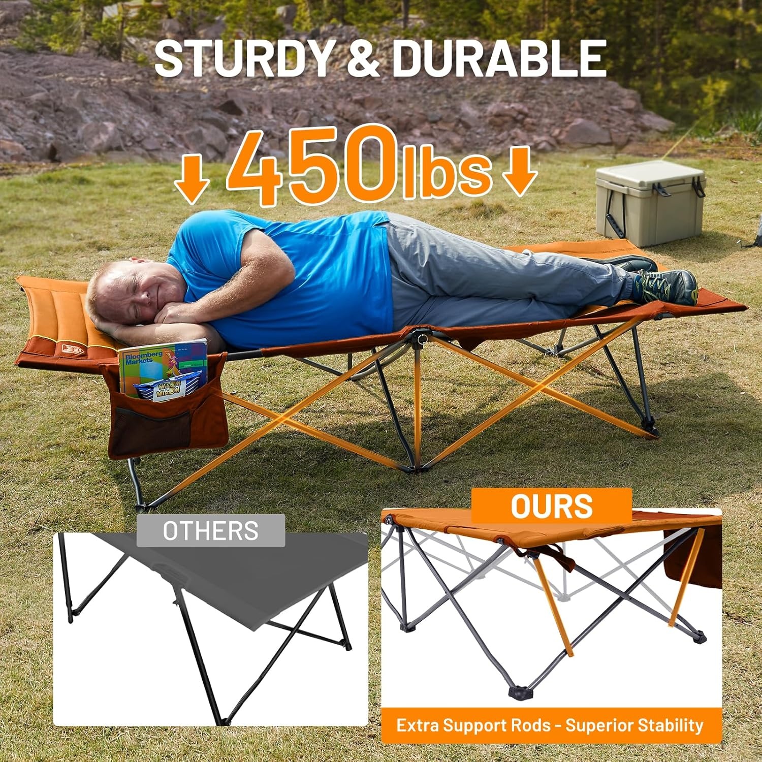 image:imageTIMBER RIDGE 325in Extra Wide Heavy Duty Camping Cot for Adult Easy Set Up Oversized Sleeping Cot with Carry Bag for Camping Travel and Outdoors Support up to 450lbs BlackOrange