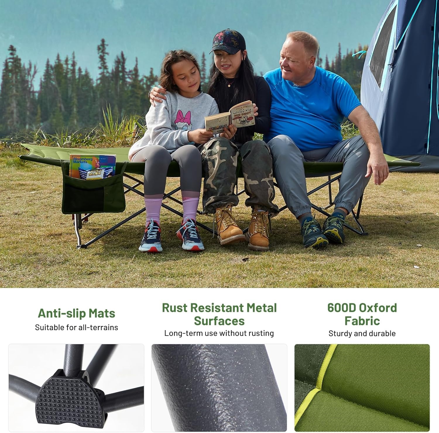 image:imageTIMBER RIDGE 325in Extra Wide Heavy Duty Camping Cot for Adult Easy Set Up Oversized Sleeping Cot with Carry Bag for Camping Travel and Outdoors Support up to 450lbs BlackGreen2 Pack