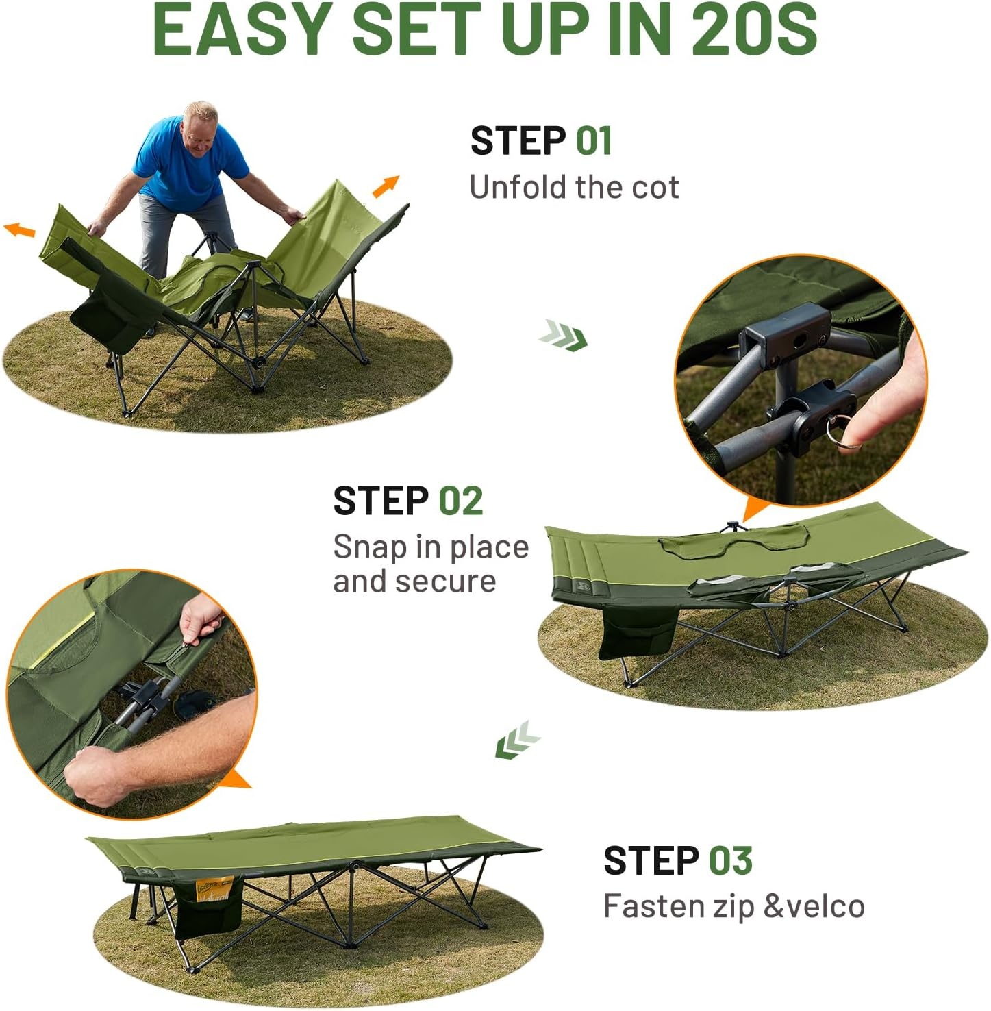 image:imageTIMBER RIDGE 325in Extra Wide Heavy Duty Camping Cot for Adult Easy Set Up Oversized Sleeping Cot with Carry Bag for Camping Travel and Outdoors Support up to 450lbs BlackGreen2 Pack