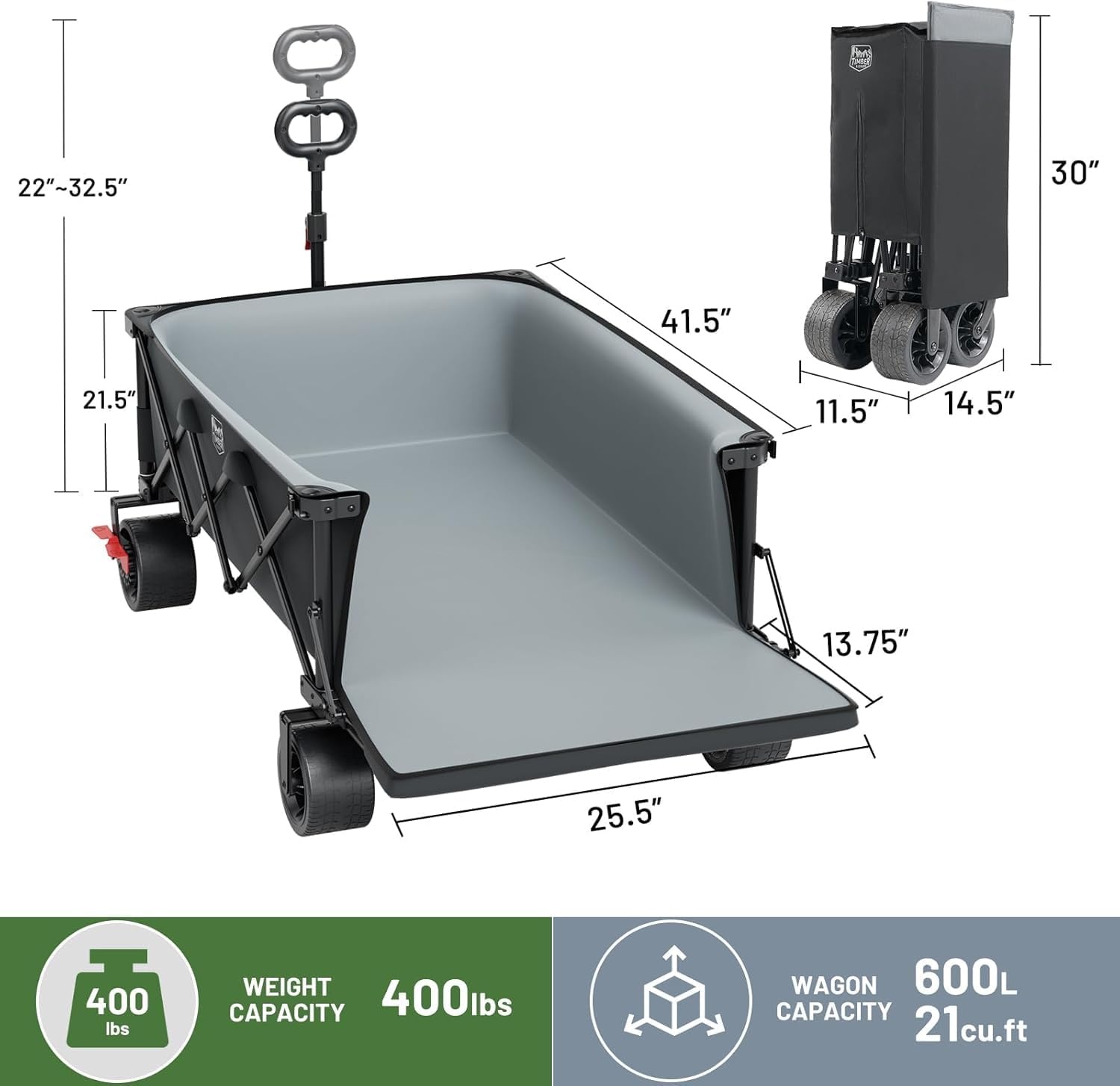 image:imageTIMBER RIDGE 600L Beast Wagon 26 W Extra Wide All Terrain Folding wBig Wheels Cargo Net amp Tailgate 400lbs Heavy Duty Portable Cart 545 L Large Collapsible Wagons for Camping Sports Dogs BlackGray