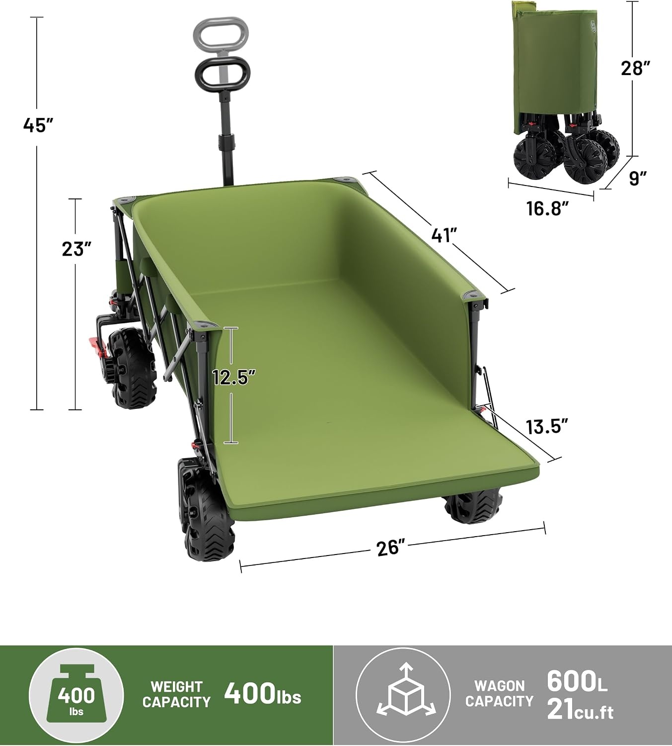 image:imageTIMBER RIDGE 600L Beast Wagon 26 W Extra Wide All Terrain Folding wBig Wheels Cargo Net amp Tailgate 400lbs Heavy Duty Portable Cart 545 L Large Collapsible Wagons for Camping Sports Dogs BlackGreen