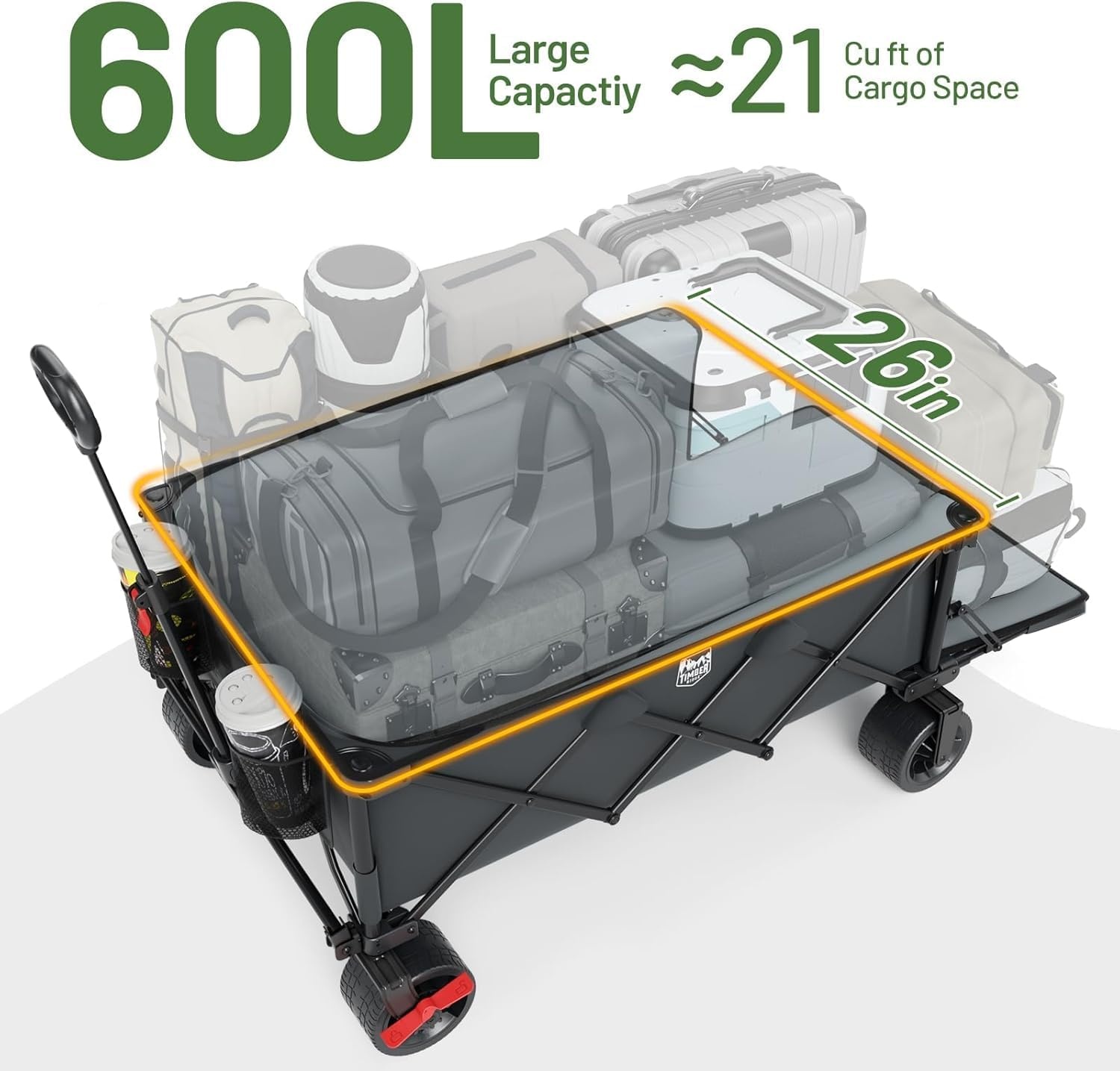 image:imageTIMBER RIDGE 600L Beast Wagon 26 W Extra Wide All Terrain Folding wBig Wheels Cargo Net amp Tailgate 400lbs Heavy Duty Portable Cart 545 L Large Collapsible Wagons for Camping Sports Dogs BlackGray