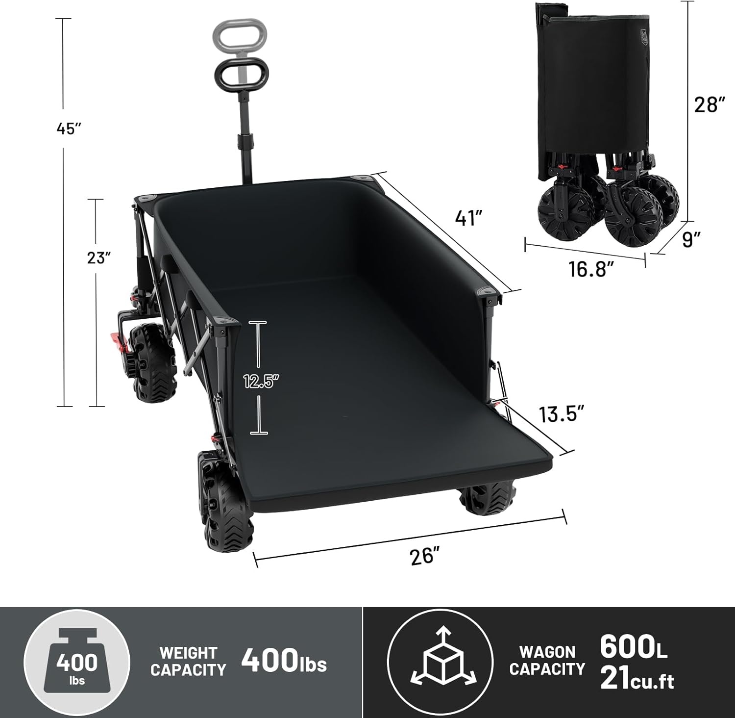 image:imageTIMBER RIDGE 600L Beast Wagon 26 W Extra Wide All Terrain Folding wBig Wheels Cargo Net amp Tailgate 400lbs Heavy Duty Portable Cart 545 L Large Collapsible Wagons for Camping Sports Dogs BlackBlack