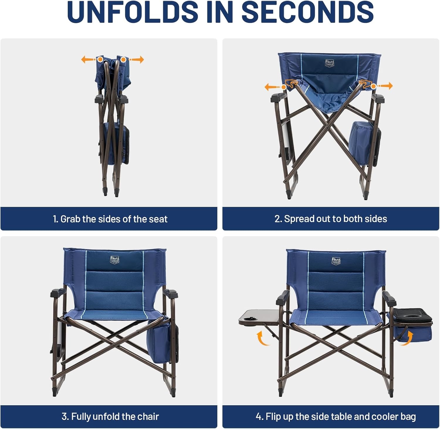 image:imageTimber Ridge XXL Oversized Directors Chair 600lbs Heavy Duty Camping Chair with Cooler Bag amp Table Portable Folding Chair with Wide Seat for Tailgating Patio Outdoor Grey 2 PackBlue1 Pack