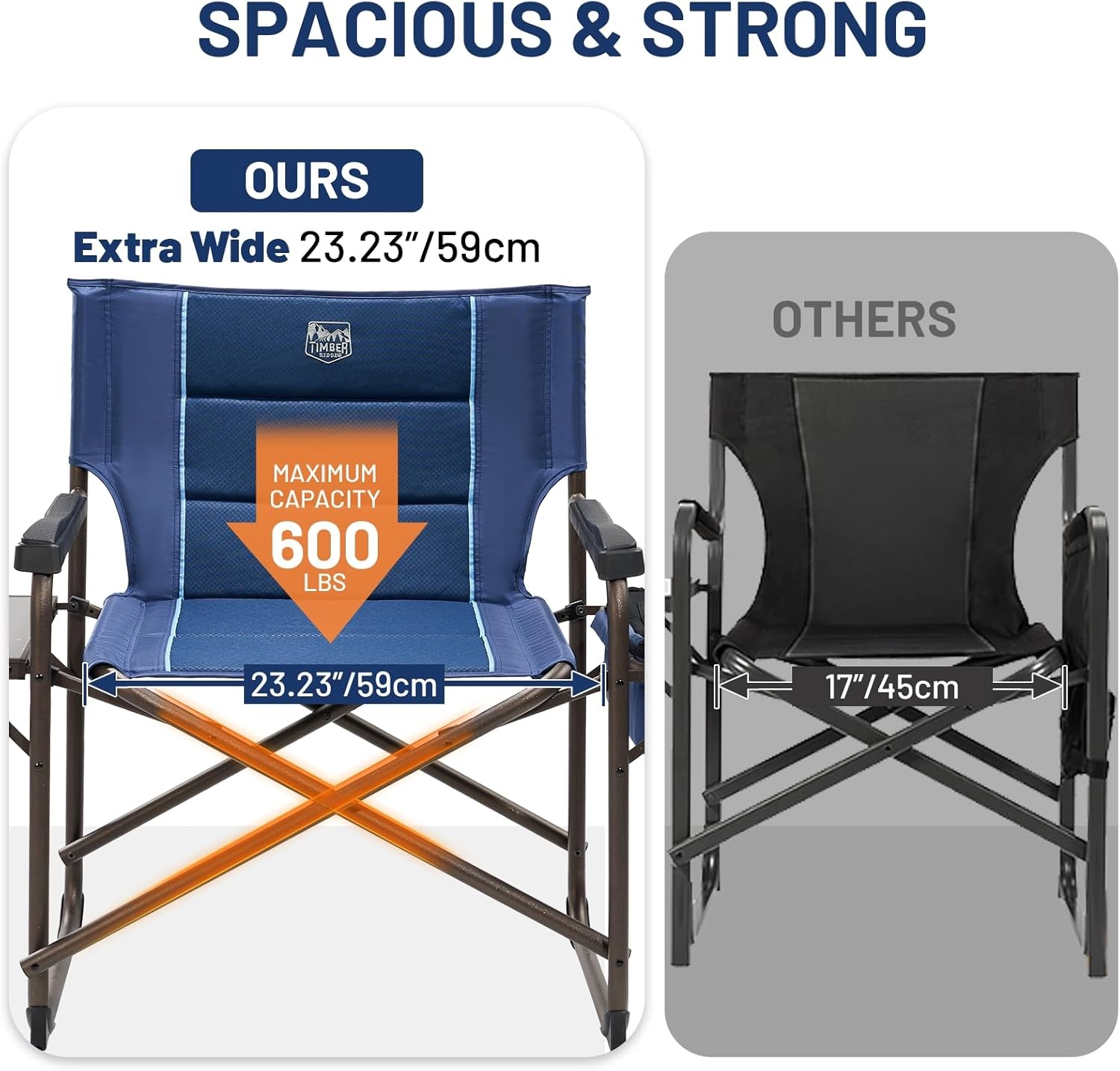 image:imageTimber Ridge XXL Oversized Directors Chair 600lbs Heavy Duty Camping Chair with Cooler Bag amp Table Portable Folding Chair with Wide Seat for Tailgating Patio Outdoor Grey 2 PackBlue1 Pack