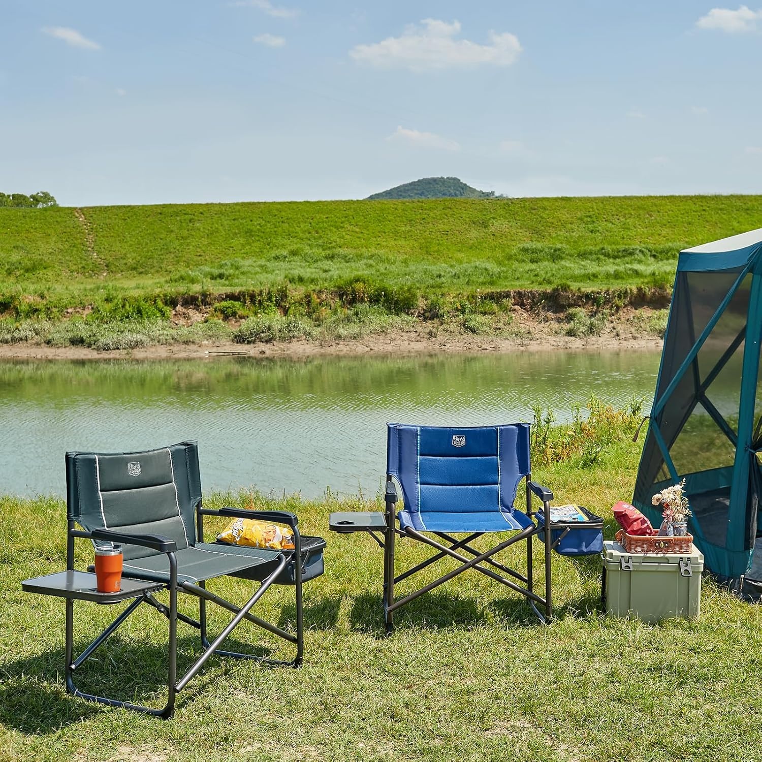 image:imageTimber Ridge XXL Oversized Directors Chair 600lbs Heavy Duty Camping Chair with Cooler Bag amp Table Portable Folding Chair with Wide Seat for Tailgating Patio Outdoor Grey 2 PackBlue1 Pack