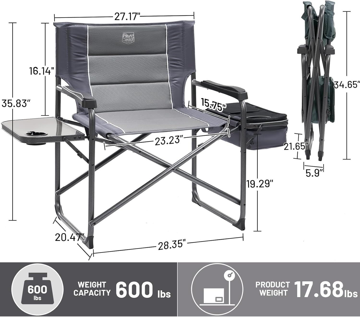 image:imageTimber Ridge XXL Oversized Directors Chair 600lbs Heavy Duty Camping Chair with Cooler Bag amp Table Portable Folding Chair with Wide Seat for Tailgating Patio Outdoor Grey 2 PackGrey1 Pack
