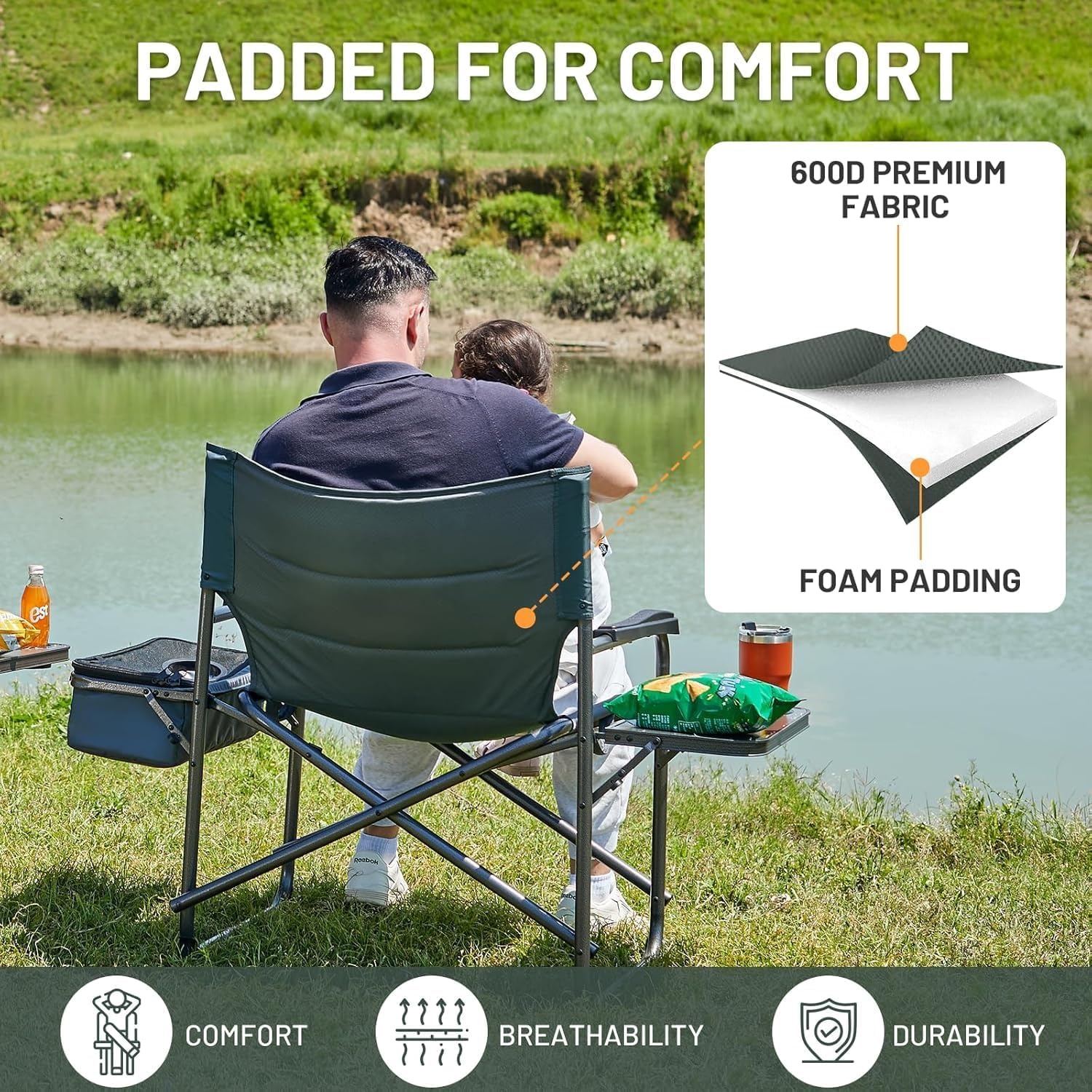 image:imageTimber Ridge XXL Oversized Directors Chair 600lbs Heavy Duty Camping Chair with Cooler Bag amp Table Portable Folding Chair with Wide Seat for Tailgating Patio Outdoor Grey 2 PackGrey2 Pack