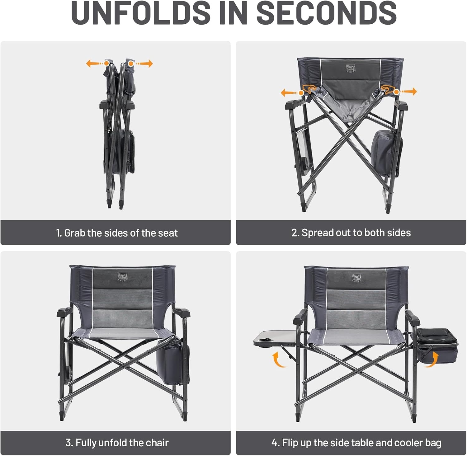 image:imageTimber Ridge XXL Oversized Directors Chair 600lbs Heavy Duty Camping Chair with Cooler Bag amp Table Portable Folding Chair with Wide Seat for Tailgating Patio Outdoor Grey 2 PackGrey1 Pack