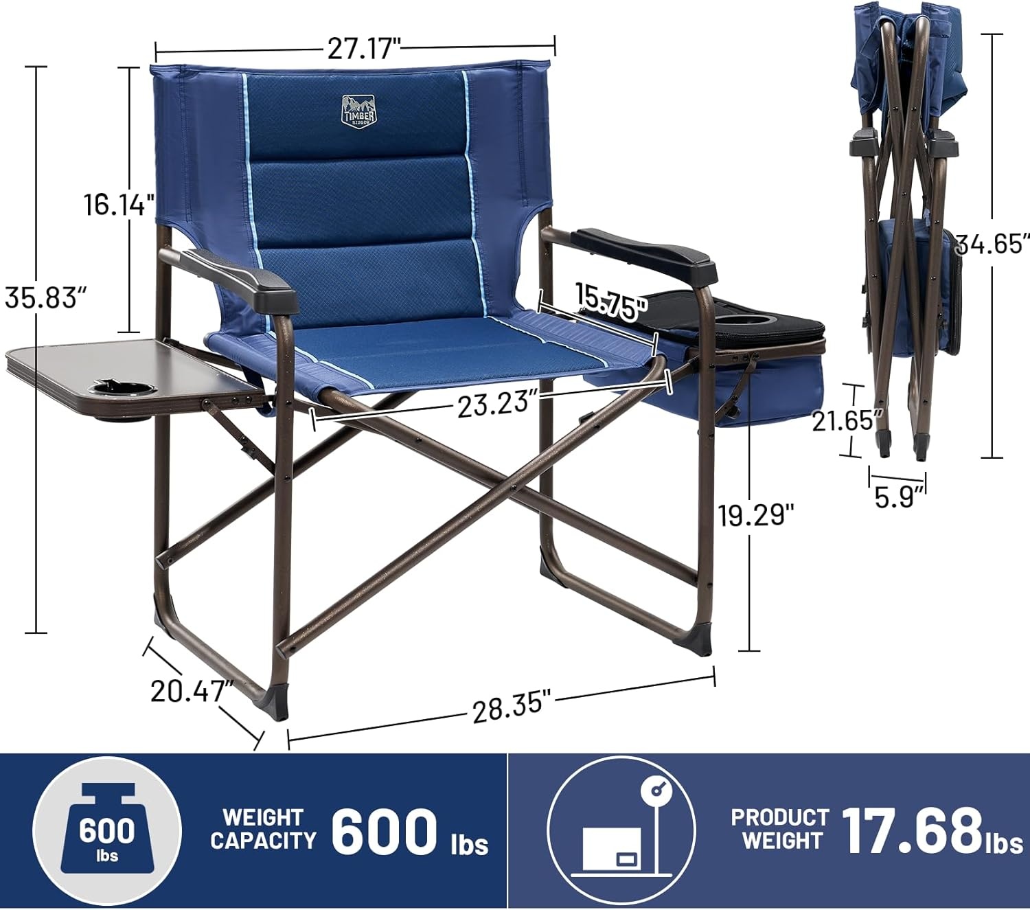 image:imageTimber Ridge XXL Oversized Directors Chair 600lbs Heavy Duty Camping Chair with Cooler Bag amp Table Portable Folding Chair with Wide Seat for Tailgating Patio Outdoor Grey 2 PackBlue1 Pack