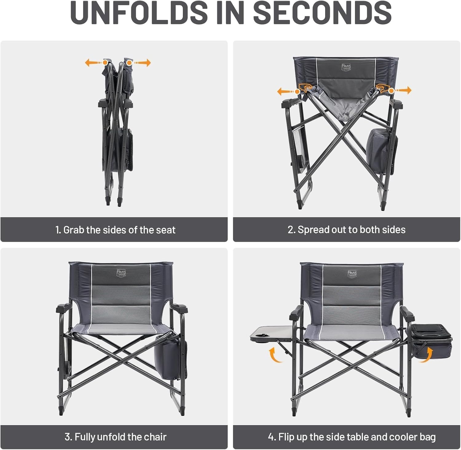 image:imageTimber Ridge XXL Oversized Directors Chair 600lbs Heavy Duty Camping Chair with Cooler Bag amp Table Portable Folding Chair with Wide Seat for Tailgating Patio Outdoor Grey 2 PackGrey2 Pack