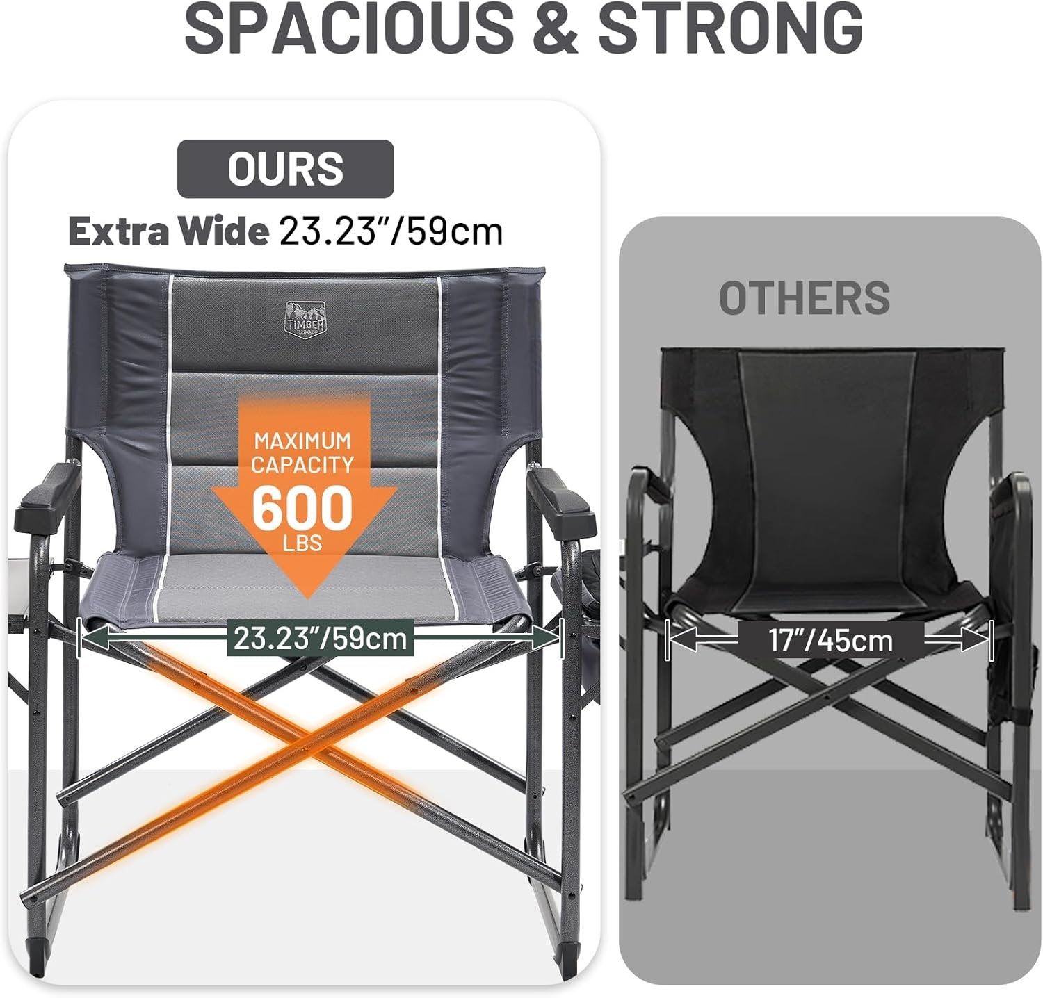 image:imageTimber Ridge XXL Oversized Directors Chair 600lbs Heavy Duty Camping Chair with Cooler Bag amp Table Portable Folding Chair with Wide Seat for Tailgating Patio Outdoor Grey 2 PackGrey1 Pack