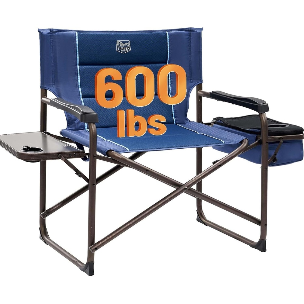 image:imageTimber Ridge XXL Oversized Directors Chair 600lbs Heavy Duty Camping Chair with Cooler Bag amp Table Portable Folding Chair with Wide Seat for Tailgating Patio Outdoor Grey 2 PackBlue1 Pack