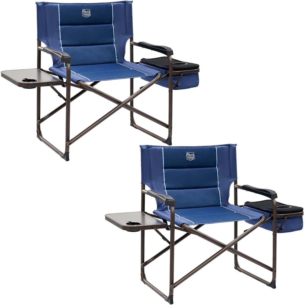image:imageTimber Ridge XXL Oversized Directors Chair 600lbs Heavy Duty Camping Chair with Cooler Bag amp Table Portable Folding Chair with Wide Seat for Tailgating Patio Outdoor Grey 2 PackBlue2 Pack
