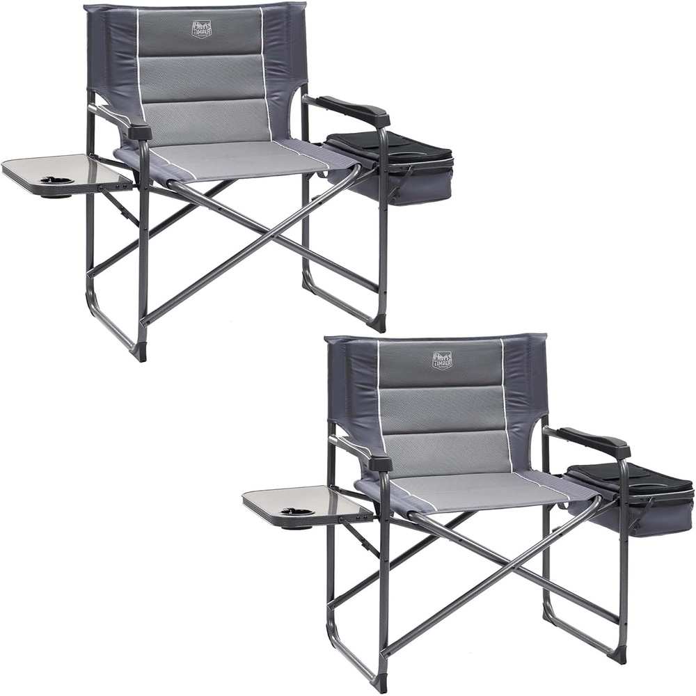 image:imageTimber Ridge XXL Oversized Directors Chair 600lbs Heavy Duty Camping Chair with Cooler Bag amp Table Portable Folding Chair with Wide Seat for Tailgating Patio Outdoor Grey 2 PackGrey2 Pack