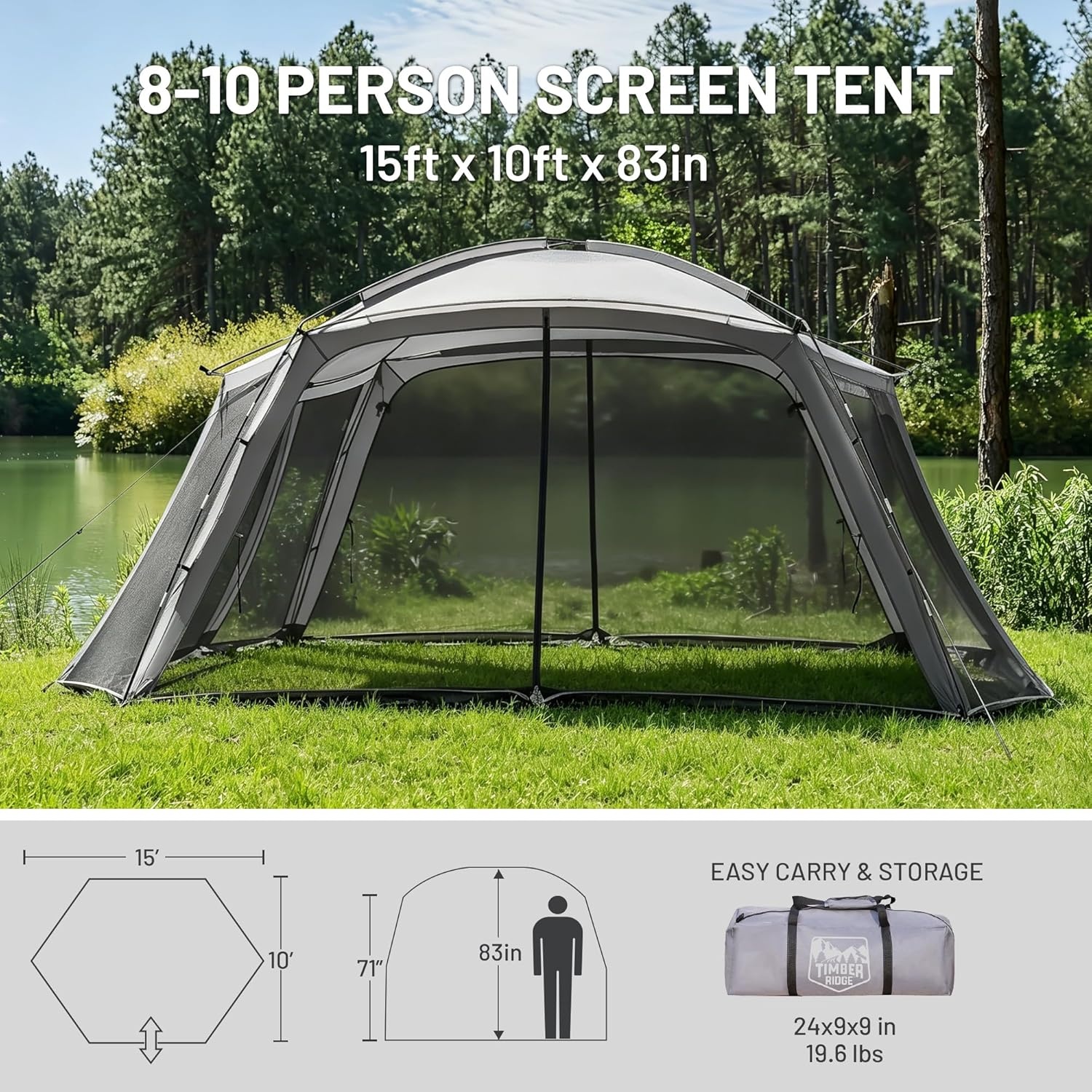 image:imageTIMBER RIDGE 15x10 FT Screen House Tent BugProof Mesh Gazebo with Dual Zippered Doors Waterproof Sunshade Canopy Shelter for 810 People Backyard BBQ Camping Picnic amp Outdoor Events